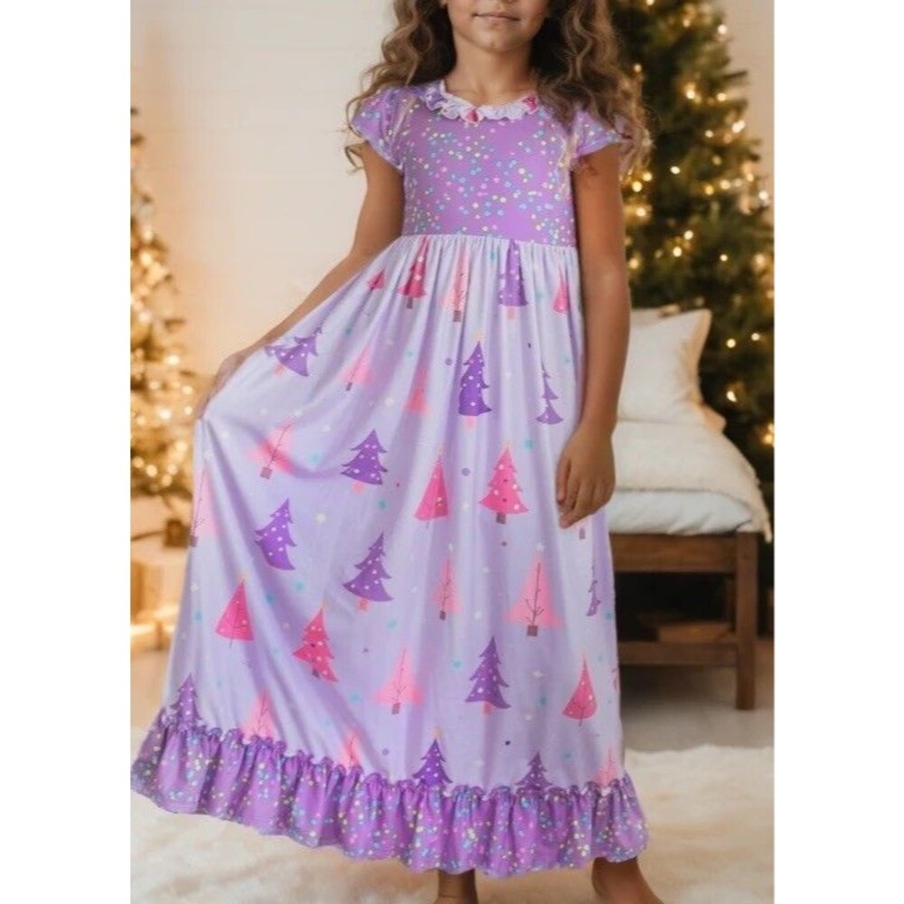 Oopsie Daisy Girls Purple Tree Holiday Lounge Play Gown Size 7/8 EUC